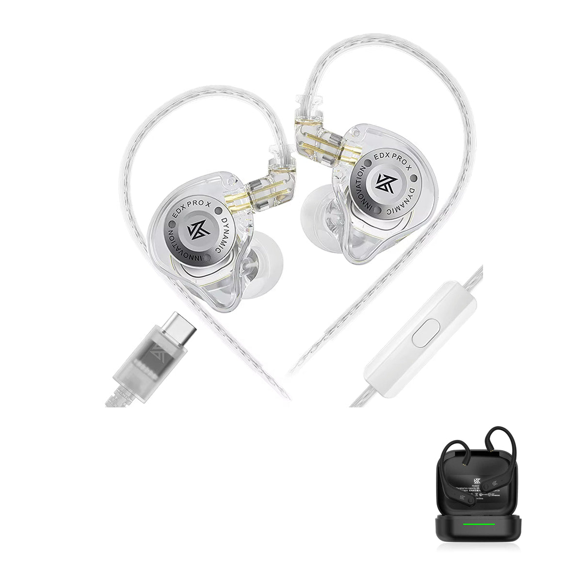 KZ EDX PRO X - Fone de Ouvido In-ear Gamer with KZ AE01 Bluetooth adapter — Transparente / USB-C (com microfone) / Com Bluetooth