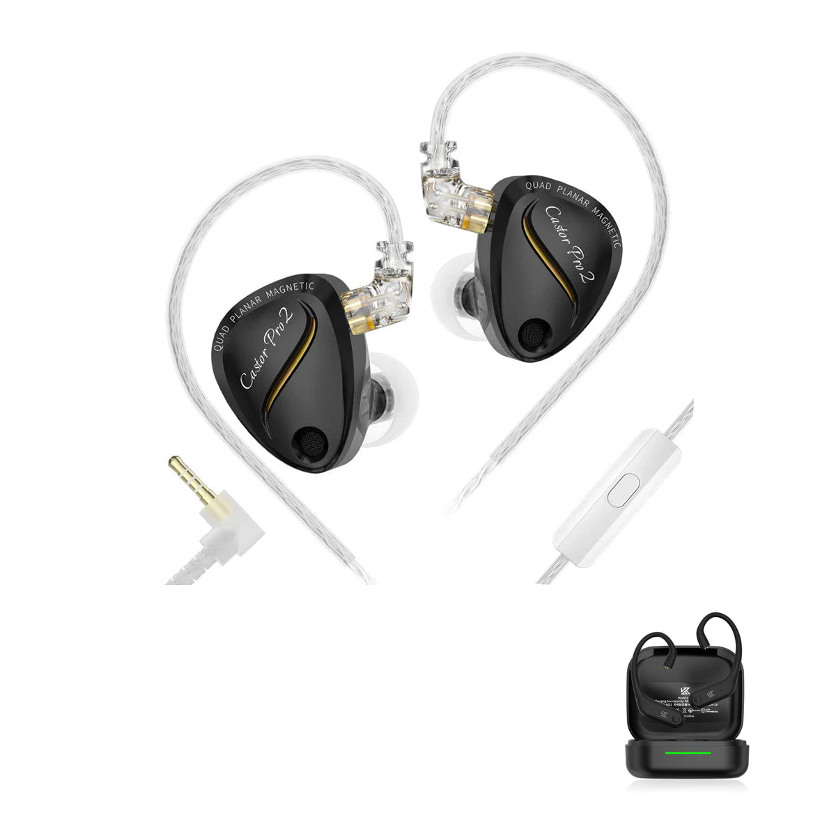 KZ Castor Pro 2 - Fone In-ear Híbrido Planar com Ajuste de Som with KZ AE01 Bluetooth adapter — Preto / Com Microfone / Com Bluetooth