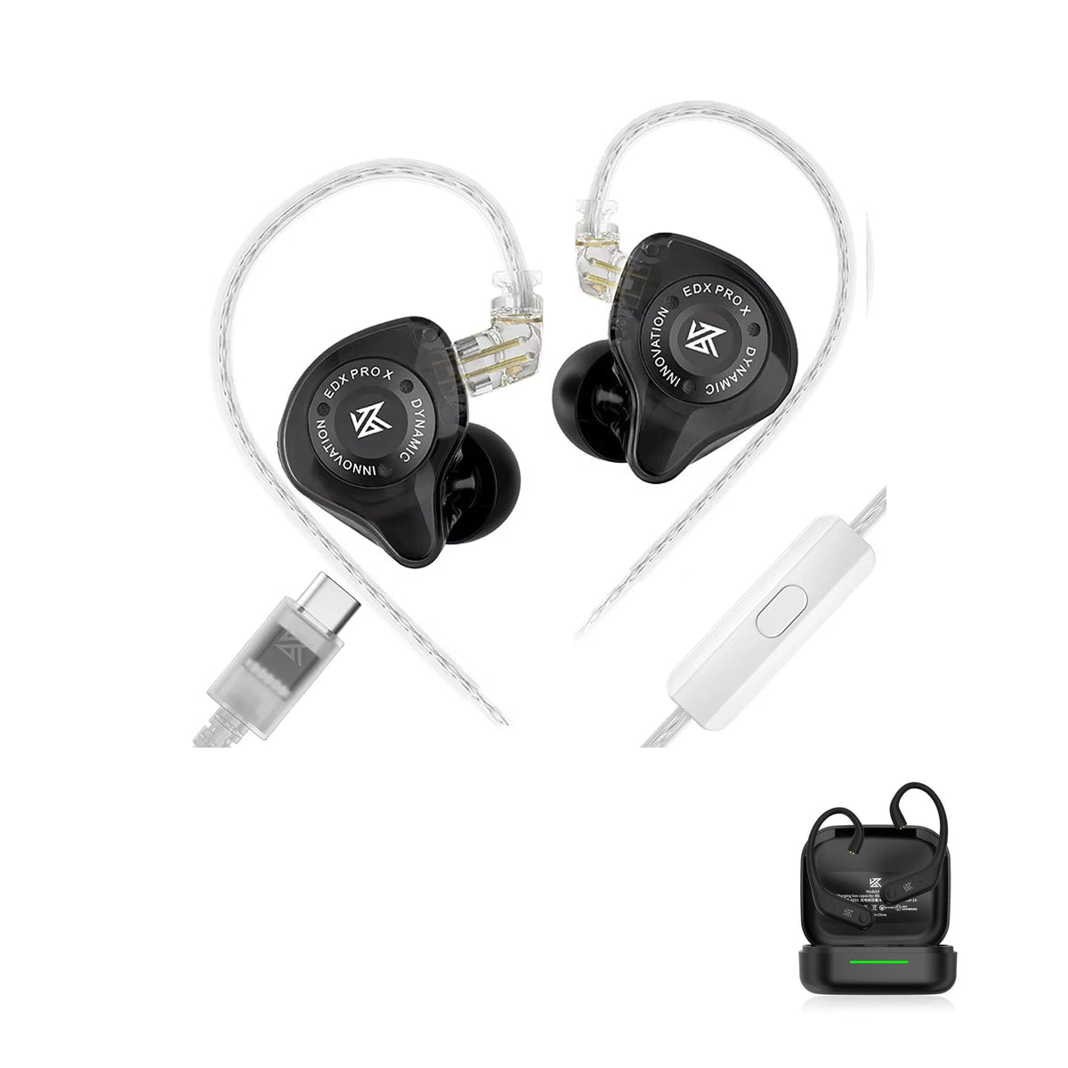 KZ EDX Pro X - Fone de Ouvido In-ear para Músicos with KZ AE01 Bluetooth adapter — Preto • All Black (Edição limitada) / USB-C (com microfone) / Com Bluetooth