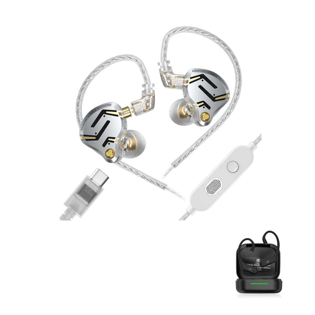 KZ ZS12 PRO 2 - 12 Drivers Hifi Premium with KZ AE01 Bluetooth adapter — Prateado / Com Microfone (USB-C) / Com Bluetooth