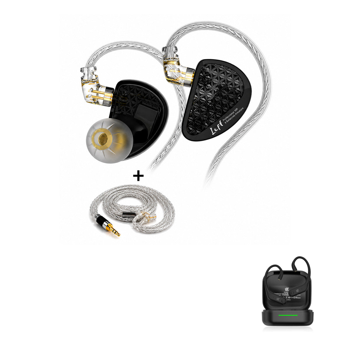 KZ AS16 PRO with KZ AE01 Bluetooth adapter — Preto Cabo Premium / Sem Microfone / Com Bluetooth