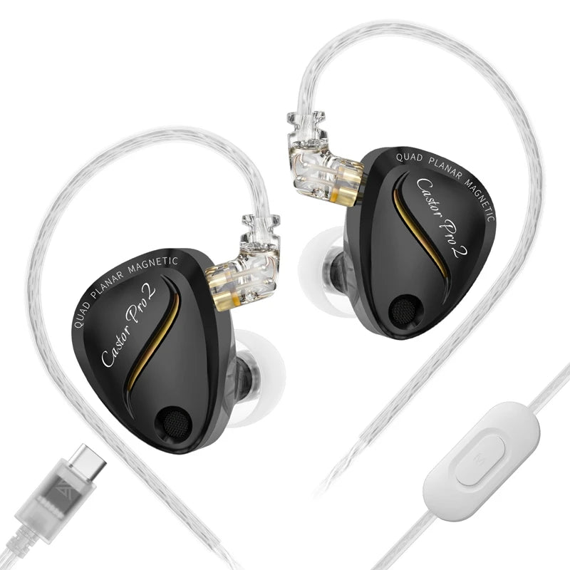 KZ Castor Pro 2 preto com cabo USB-C e microfone