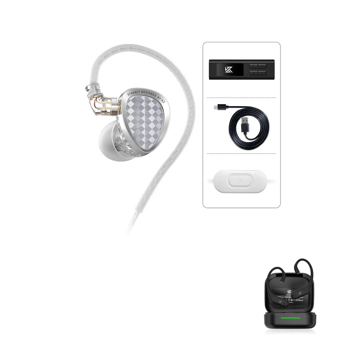 KZ Starbit — Fone In-Ear Gamer Híbrido com Placa de Som e Display with KZ AE01 Bluetooth adapter — Prata / USB-C (com microfone) / Com Bluetooth
