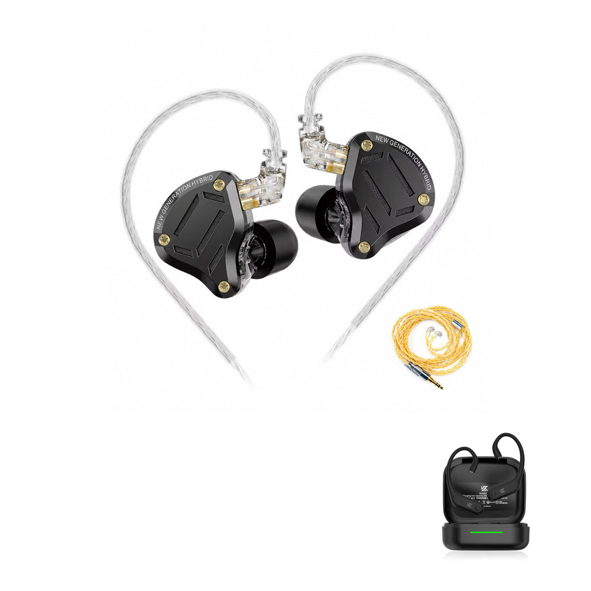 KZ ZS10 PRO 2 Gamer with KZ AE01 Bluetooth adapter — Preto Cabo Premium / Sem Microfone / Com Bluetooth