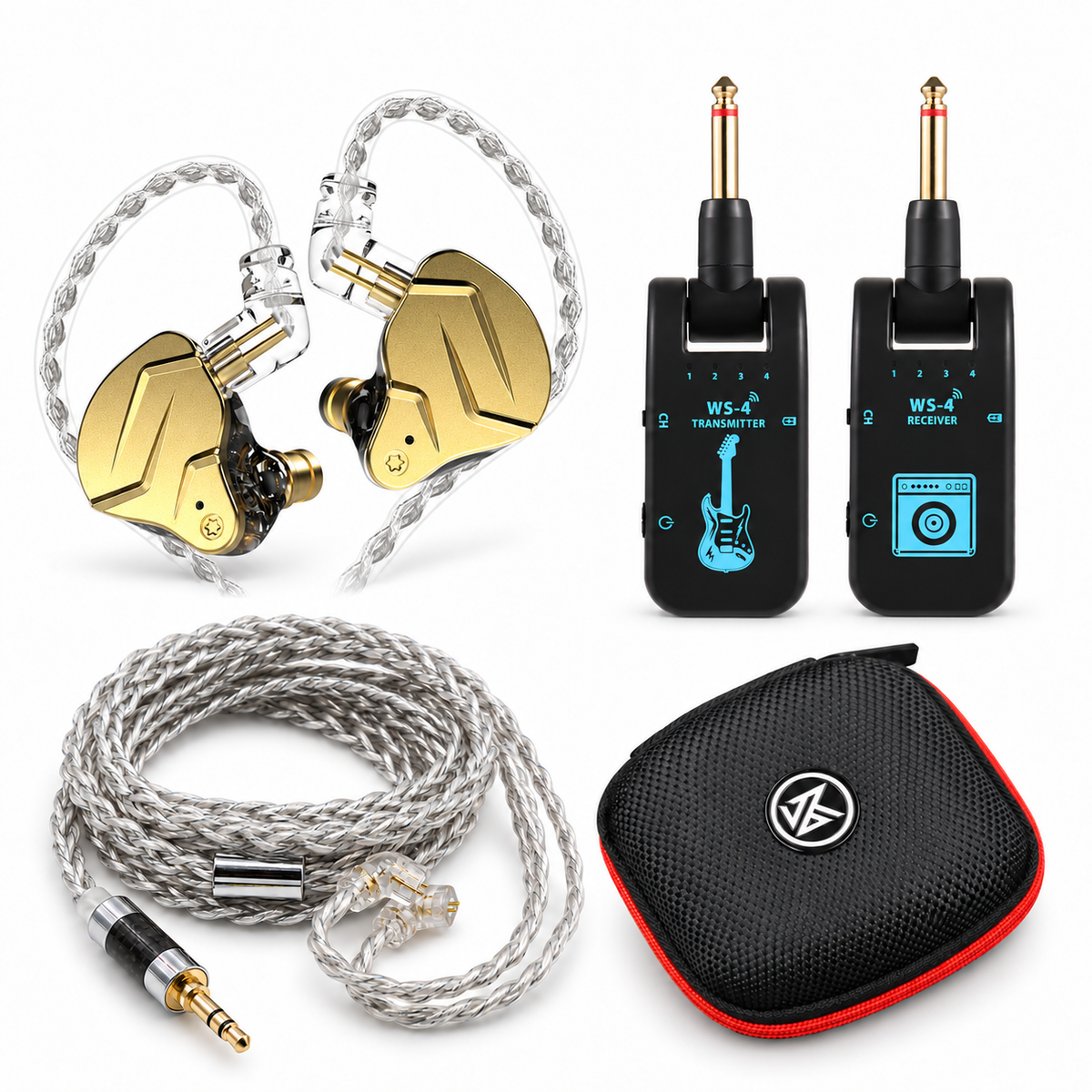 Combo Guitarrista com KZ ZSN PRO X dourado, KZM WS-4 preto, cabo KZ banhado a prata e Case KZ Premium preta