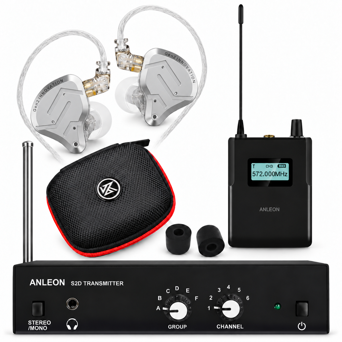Combo Palco Profissional com ANLEON S2D, KZ ZSN PRO 2 prata, Case KZ Premium preta e duas ponteiras pretas de espuma