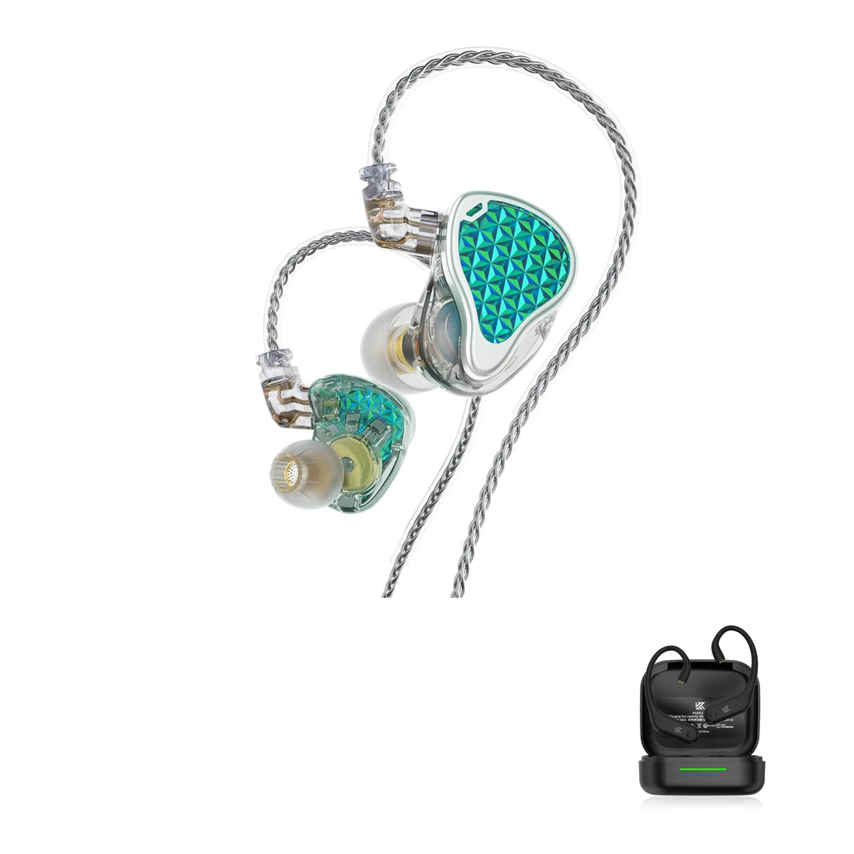 KZ ZAS Pro — Fone Intra-Auricular Híbrido 7BA + 1DD with KZ AE01 Bluetooth adapter — Ciano / Sem Microfone / Com Bluetooth