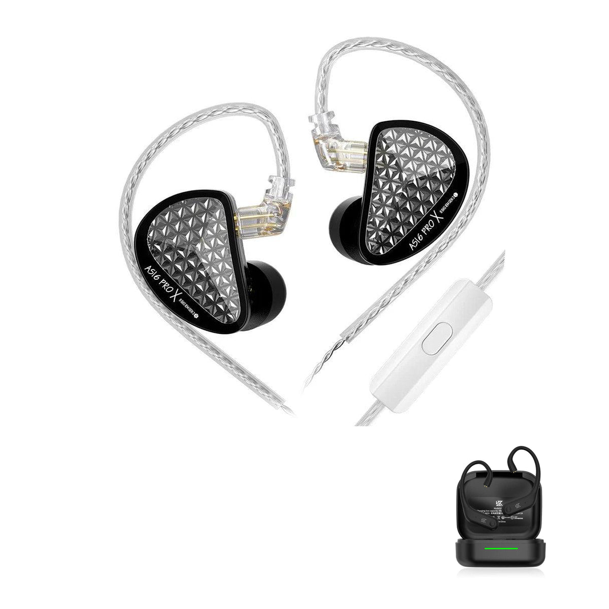 KZ AS16 PRO X with KZ AE01 Bluetooth adapter — Preto • All Black / Com Microfone / Com Bluetooth