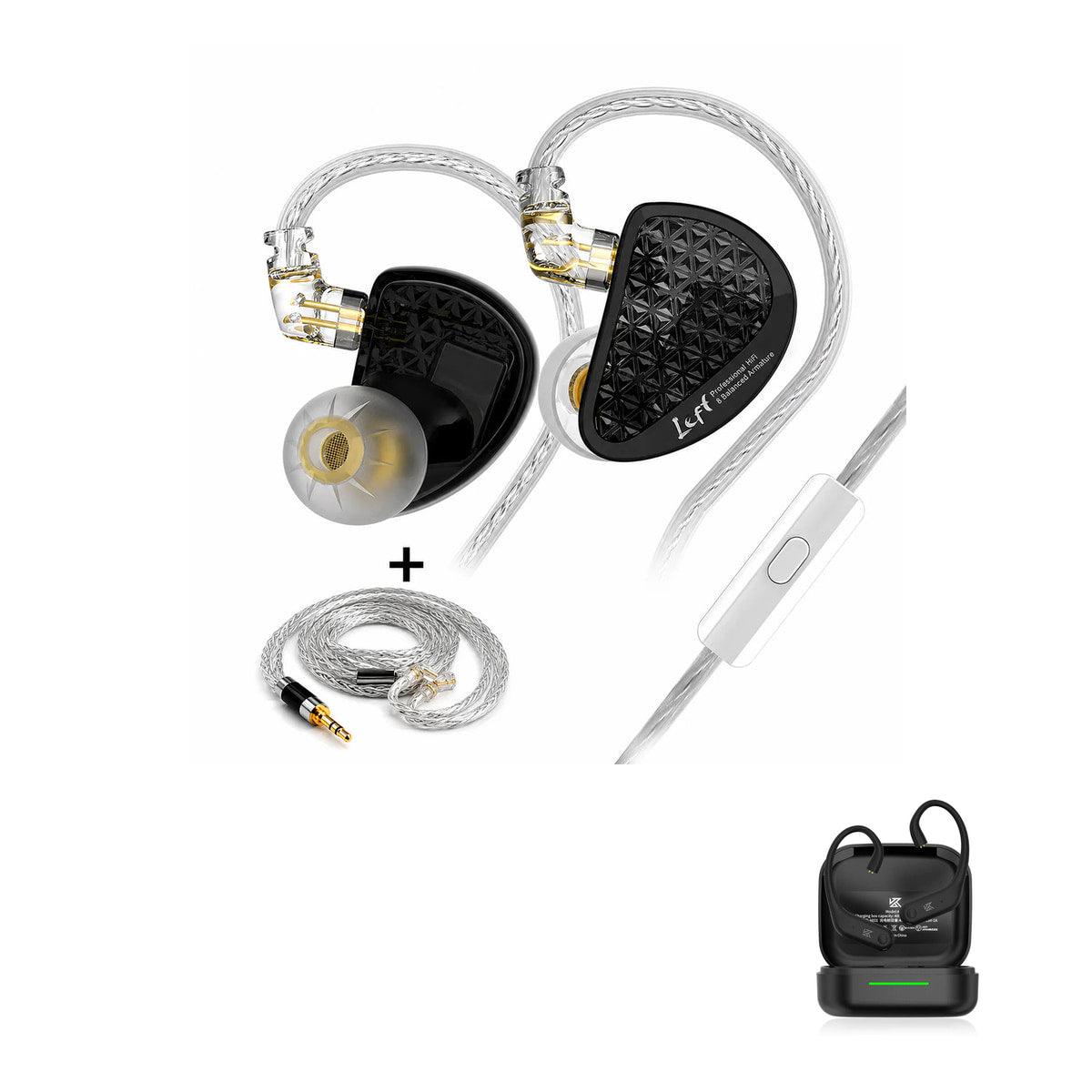 KZ AS16 PRO with KZ AE01 Bluetooth adapter — Preto Cabo Premium / Com Microfone / Com Bluetooth