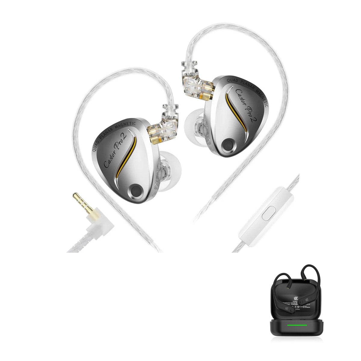 KZ Castor Pro 2 - Fone In-ear Híbrido Planar com Ajuste de Som with KZ AE01 Bluetooth adapter — Prata / Com Microfone / Com Bluetooth