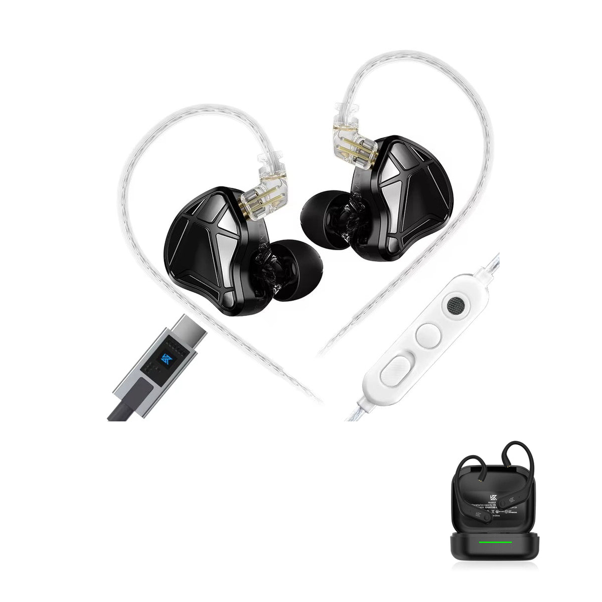KZ Axas Gaming Earbuds — Fone Intra-Auricular Gamer with KZ AE01 Bluetooth adapter — Midnight Black / Com Microfone USB-C / Com Bluetooth
