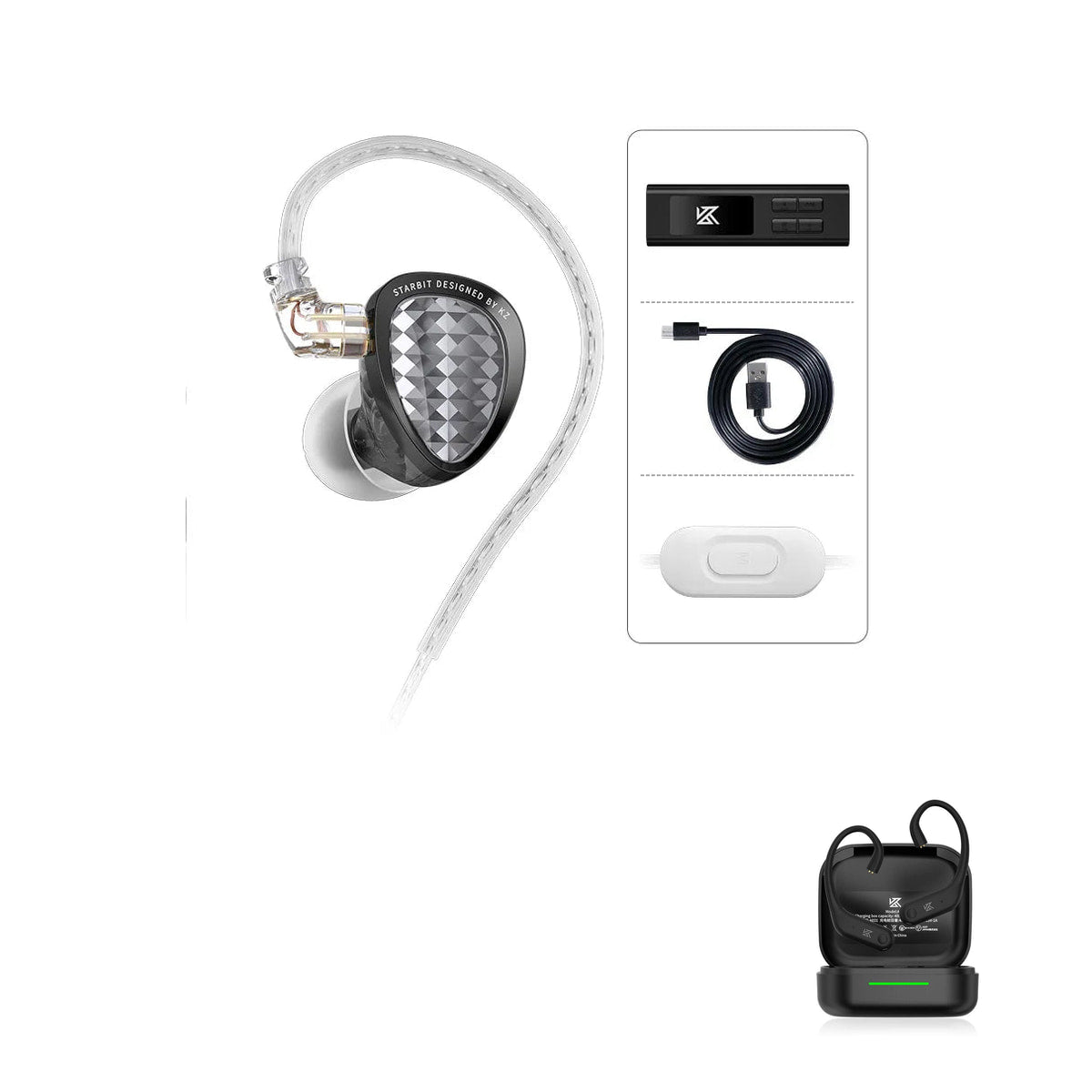 KZ Starbit — Fone In-Ear Gamer Híbrido com Placa de Som e Display with KZ AE01 Bluetooth adapter — Preto / USB-C (com microfone) / Com Bluetooth