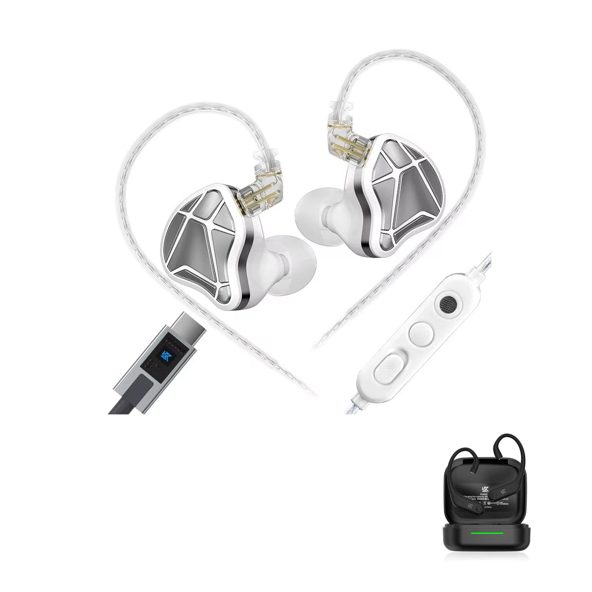 KZ Axas Gaming Earbuds — Fone Intra-Auricular Gamer with KZ AE01 Bluetooth adapter — Branco / Com Microfone USB-C / Com Bluetooth
