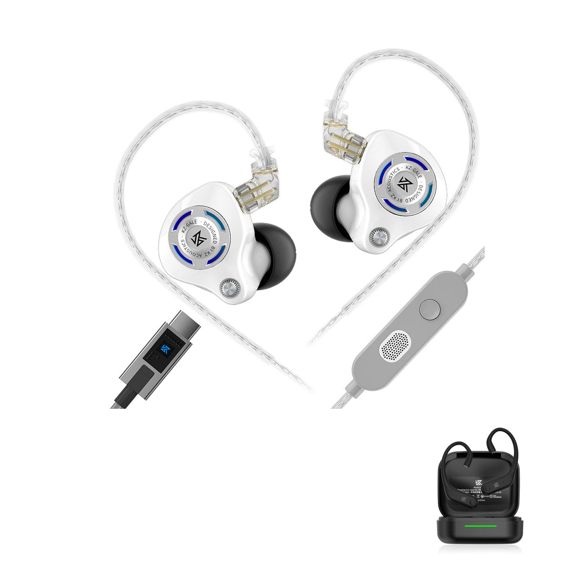 KZ Gale - Fone In-ear Gamer HiFi Profissional with KZ AE01 Bluetooth adapter — Artic White / Com Microfone (USB-C) / Com Bluetooth