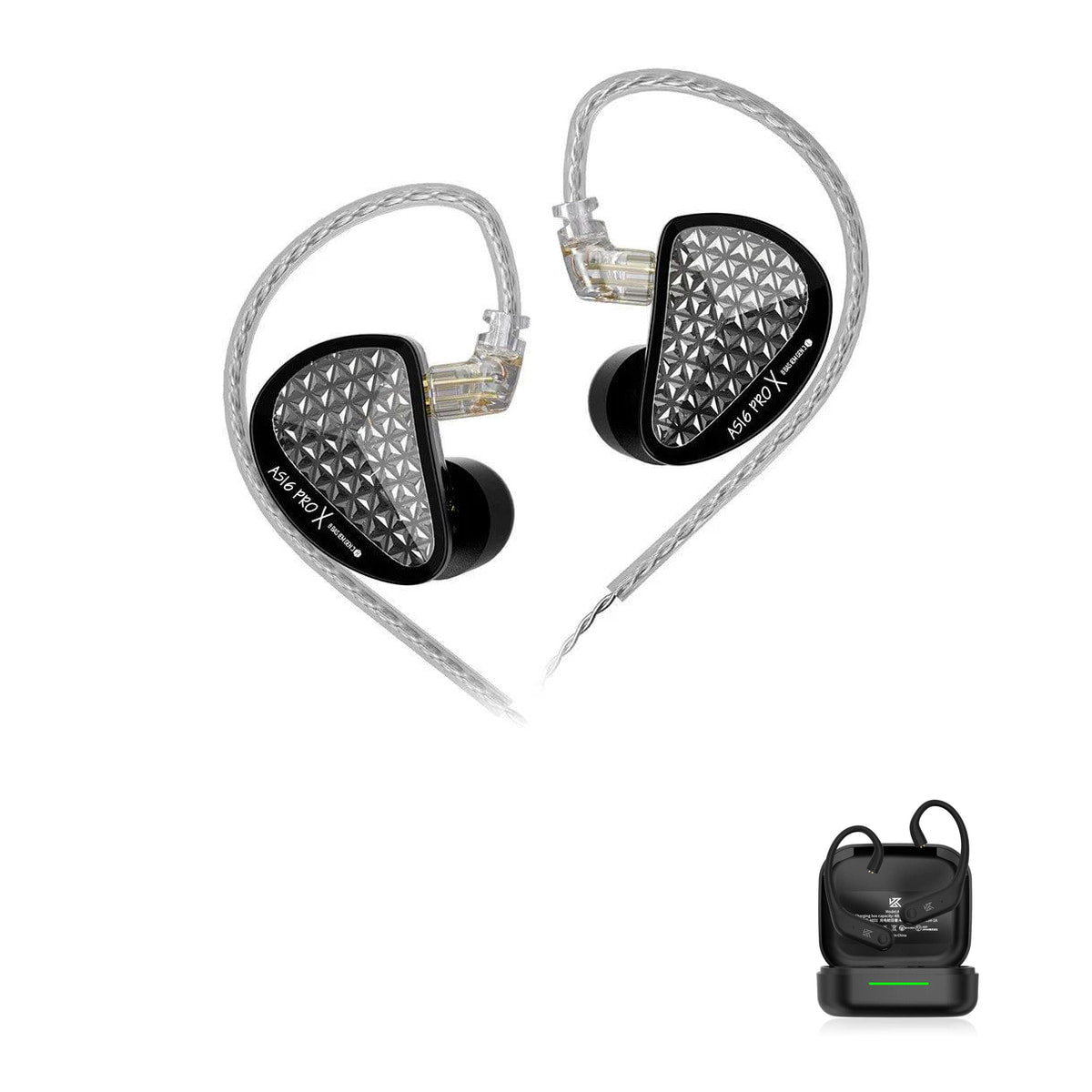 KZ AS16 PRO X with KZ AE01 Bluetooth adapter — Preto • All Black / Sem Microfone / Com Bluetooth
