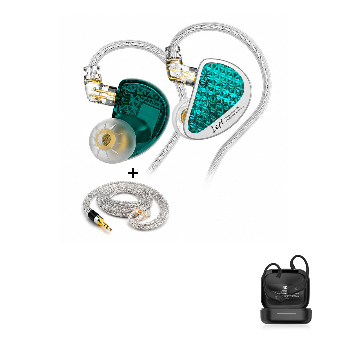 KZ AS16 PRO with KZ AE01 Bluetooth adapter — Ciano Cabo Premium / Sem Microfone / Com Bluetooth