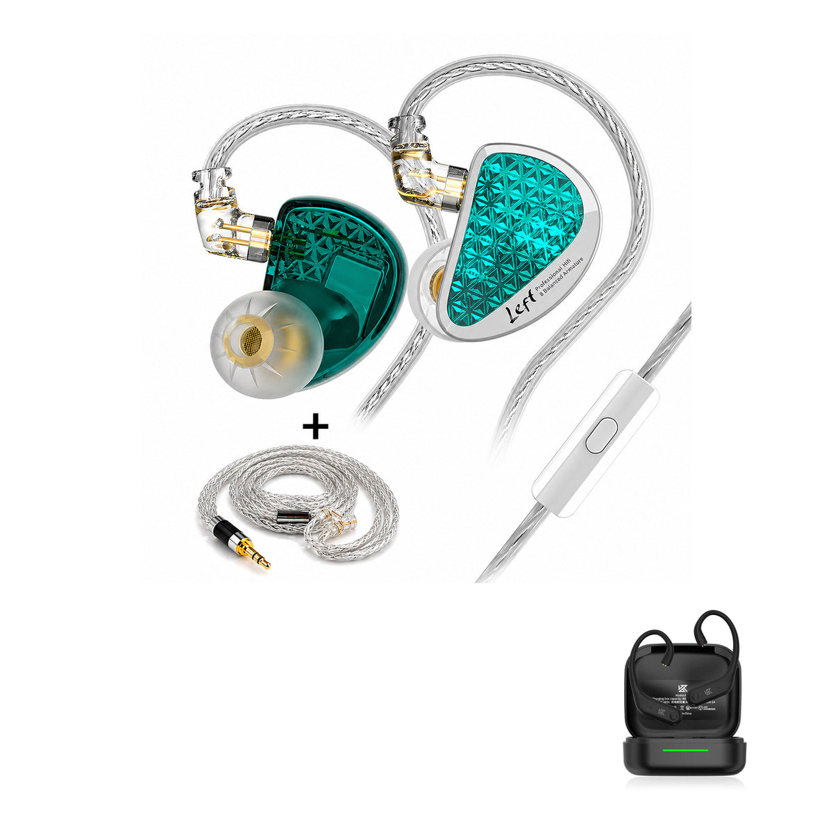 KZ AS16 PRO with KZ AE01 Bluetooth adapter — Ciano Cabo Premium / Com Microfone / Com Bluetooth
