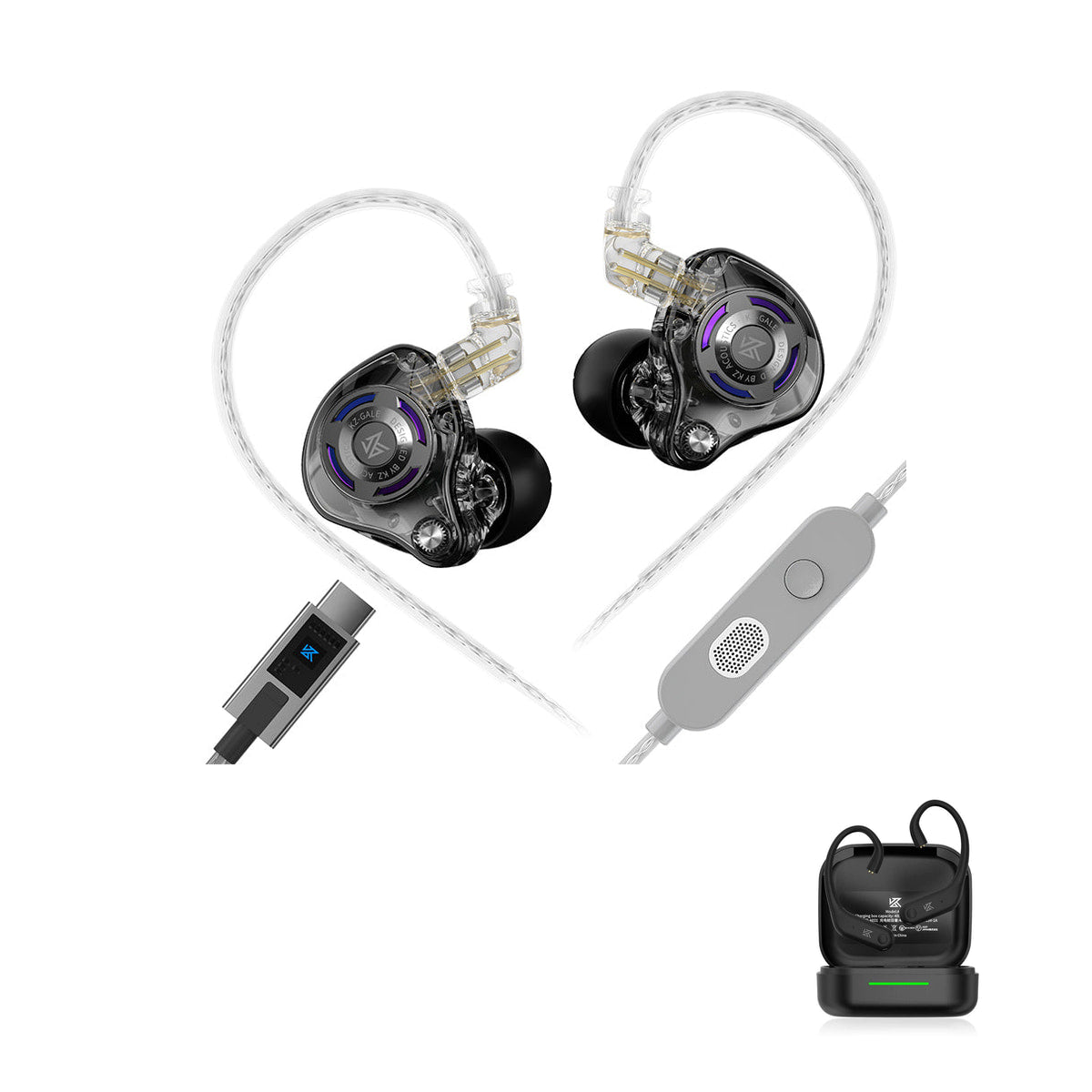 KZ Gale - Fone In-ear Gamer HiFi Profissional with KZ AE01 Bluetooth adapter — Preto Especial / Com Microfone (USB-C) / Com Bluetooth