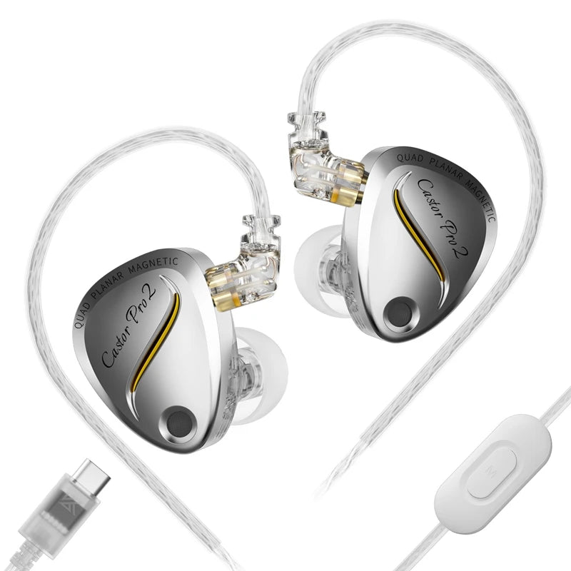 KZ Castor Pro 2 prata com cabo USB-C e microfone