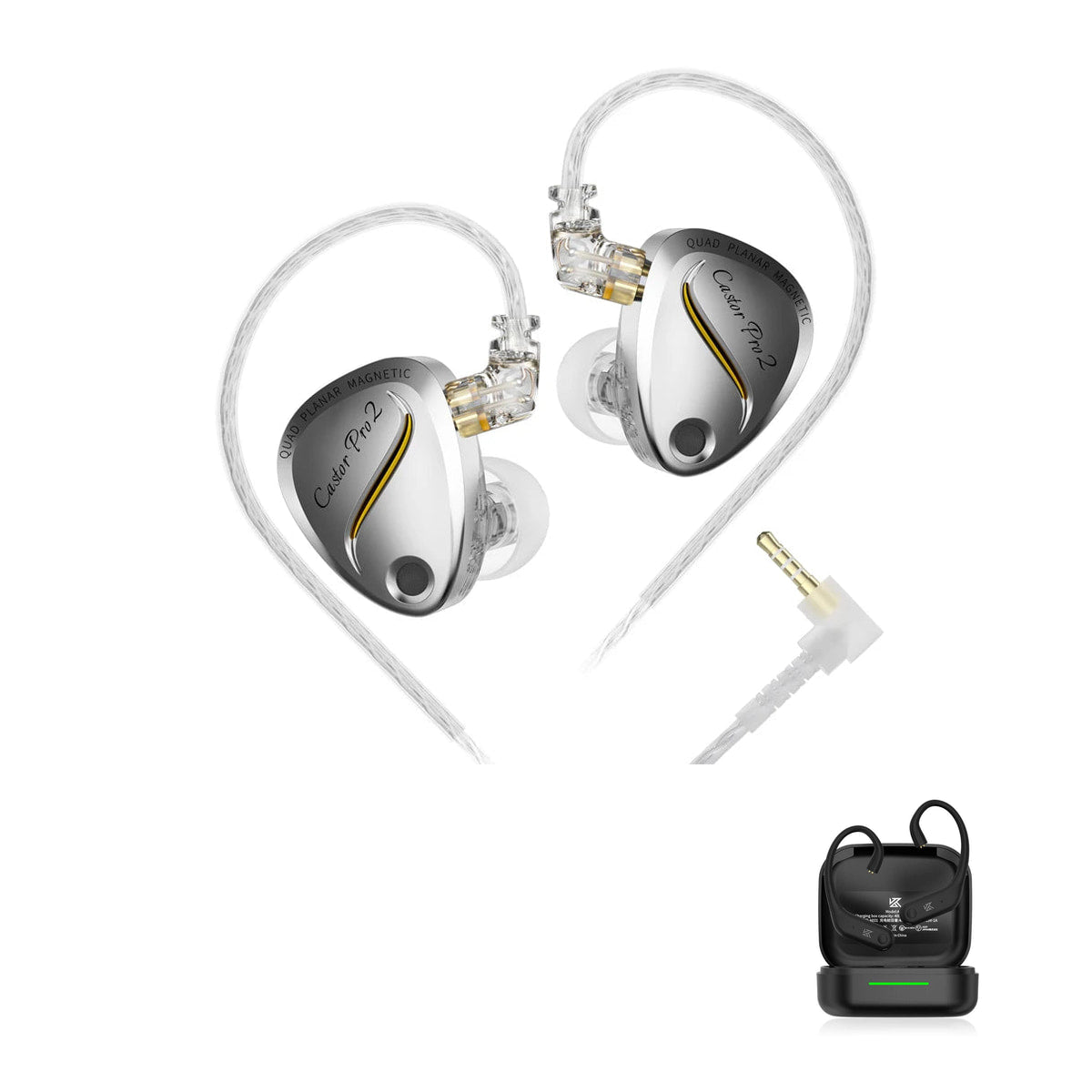 KZ Castor Pro 2 - Fone In-ear Híbrido Planar com Ajuste de Som with KZ AE01 Bluetooth adapter — Prata / Sem Microfone / Com Bluetooth