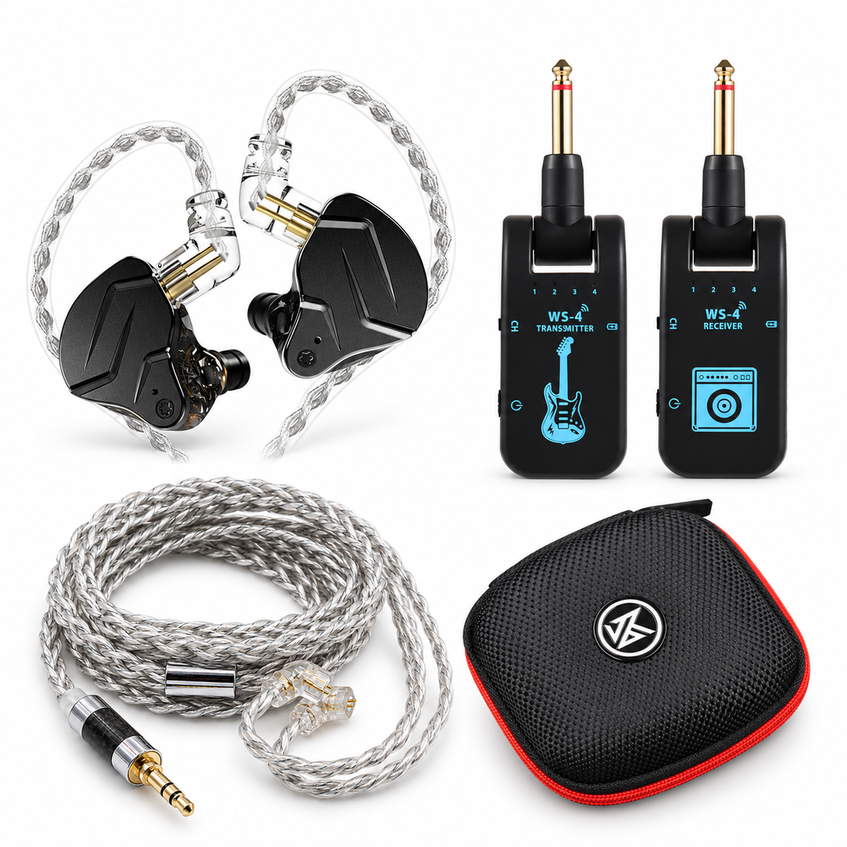 Combo Guitarrista com KZ ZSN PRO X preto, KZM WS-4 preto, cabo KZ banhado a prata e Case KZ Premium preta
