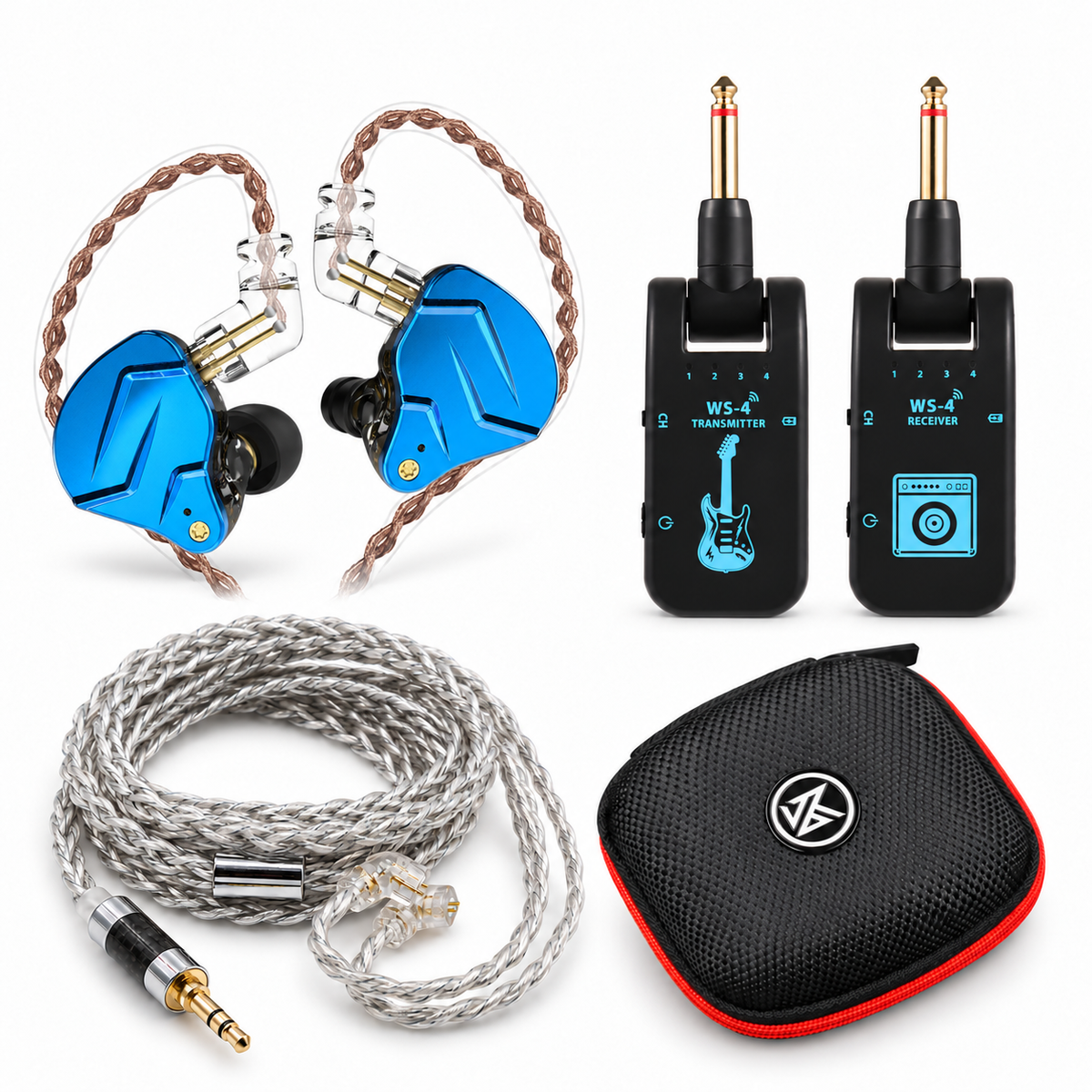 Combo Guitarrista com KZ ZSN PRO X azul, KZM WS-4 preto, cabo KZ banhado a prata e Case KZ Premium preta
