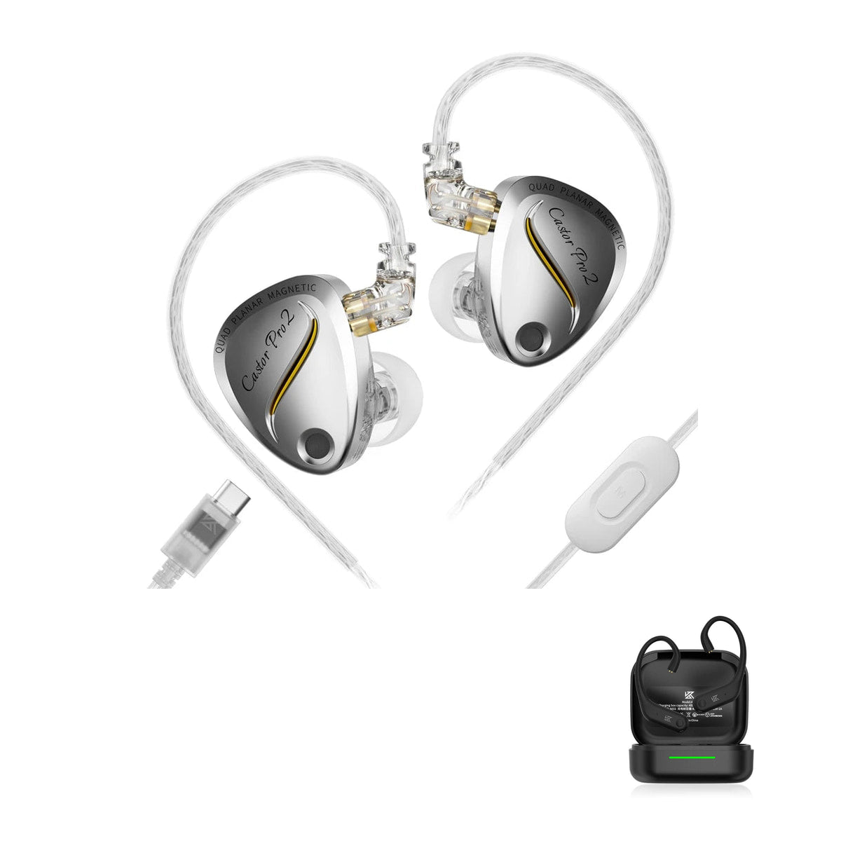 KZ Castor Pro 2 - Fone In-ear Híbrido Planar com Ajuste de Som with KZ AE01 Bluetooth adapter — Prata / Com Microfone USB-C / Com Bluetooth